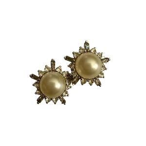 Vintage Panetta Silver Tone Faux Pearl Rhinestone clip on Earrings Sunburst